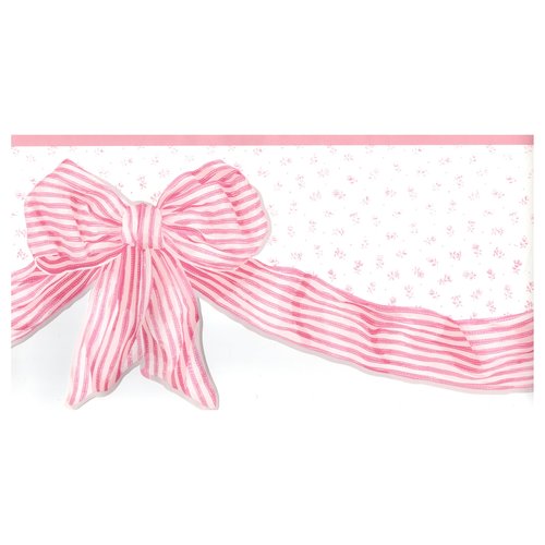 TRIMZ Wallpaper Border – Sweet Nursery Ribbon Bows with Scalloped Pink Trim Design, Baby Girl Nursery & Bedroom Wall Decor, Pre-Pasted,15 ft x 9 in
