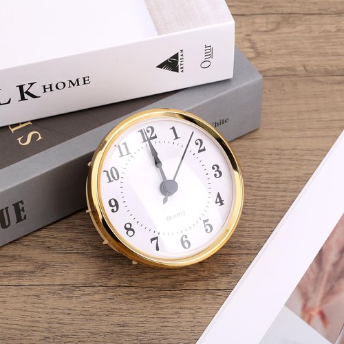 3-1/8 Inch Round Clock Insert, Mini Quartz Movement Clock Insert Gold Trim White Face Arabic Numerals Inserts (Black Second)