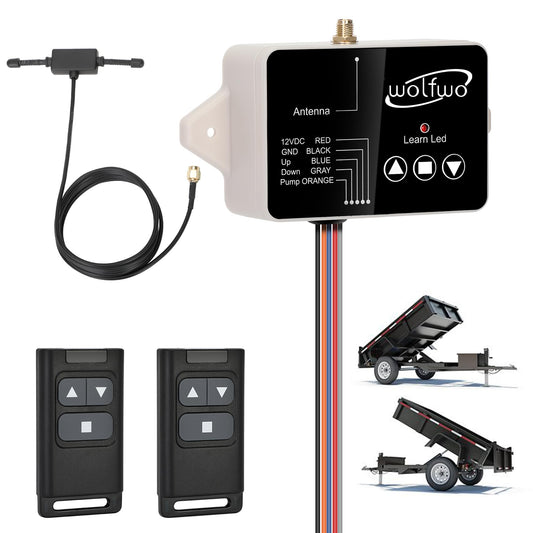 wolfwo Dump Trailer Wireless Remote Controller, for 3-Wire/4-Wire 12V Hydraulic Dump Trailer. 100 Ft. Signal Distance, Safe and Efficient, Easy Installation, with 2 Wireless Remote Controls