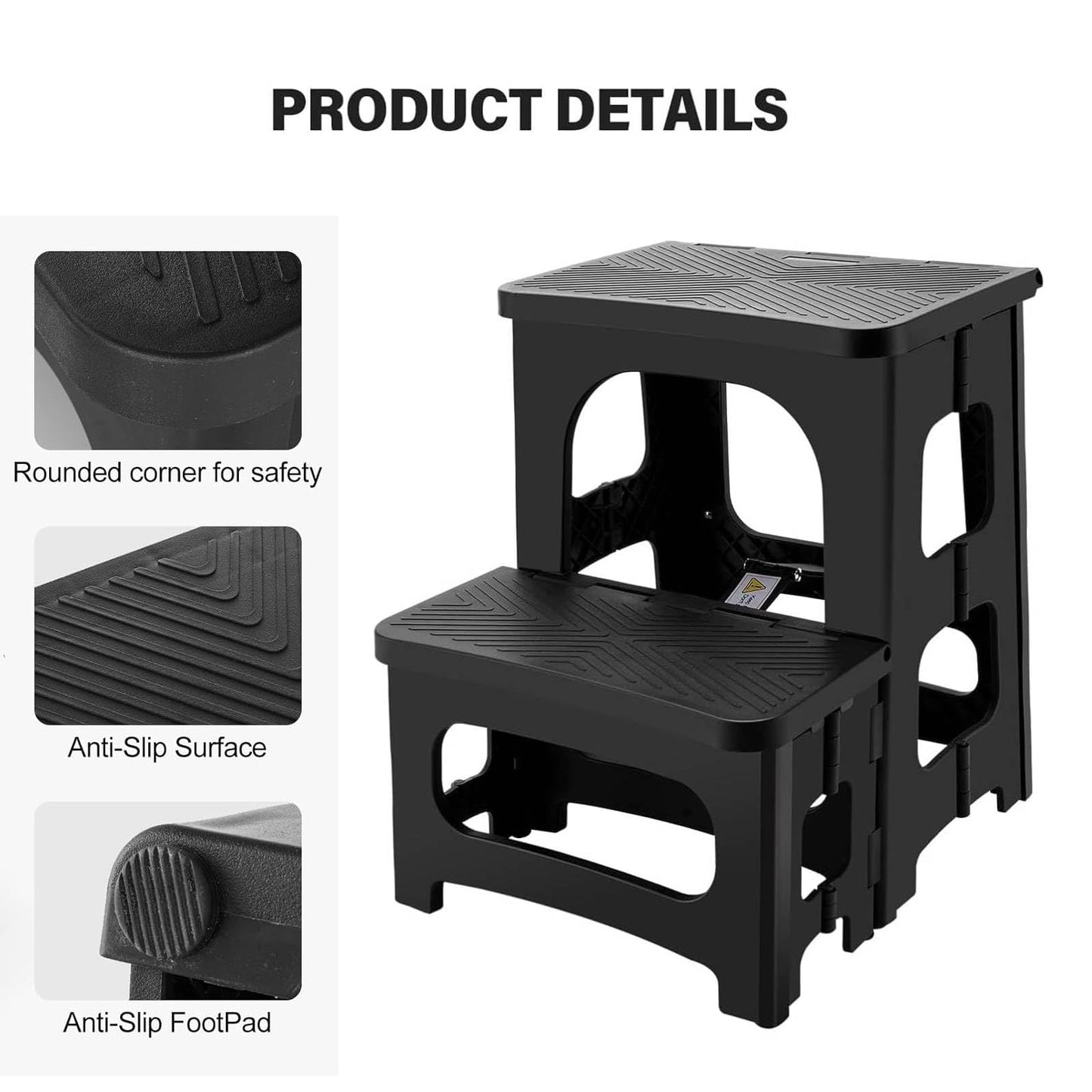 2-Step Folding Stool, Non-Slip Collapsible Step Stools, Bedside Stepstools, Portable Bedside Step Stool, Hold up to 300 lbs, Lightweight & Foldable Step Ladder for Kitchen Toilet Office Home RV-Black