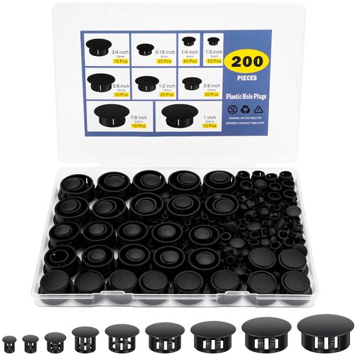 200Pcs Nylon Hole Plug Set (9 Sizes: 1", 7/8", 3/4", 5/8", 1/2", 3/8", 5/16", 1/4", 1/5") - Plastic Hole Plugs, Assorted Sizes, Precision Fit End Caps for Cabinets & Furniture (Black)