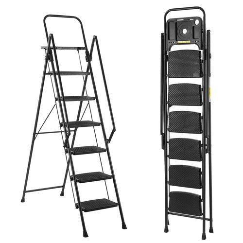 Step Ladders 6 Step Folding, Folding Step Ladder with Tool Tray & Handle, Step Stool Ladder with Rubber Feet Capacity 500lbs, Tall Ladders for Home High Ceilings (Black, 6 Tier Iron with Tray)