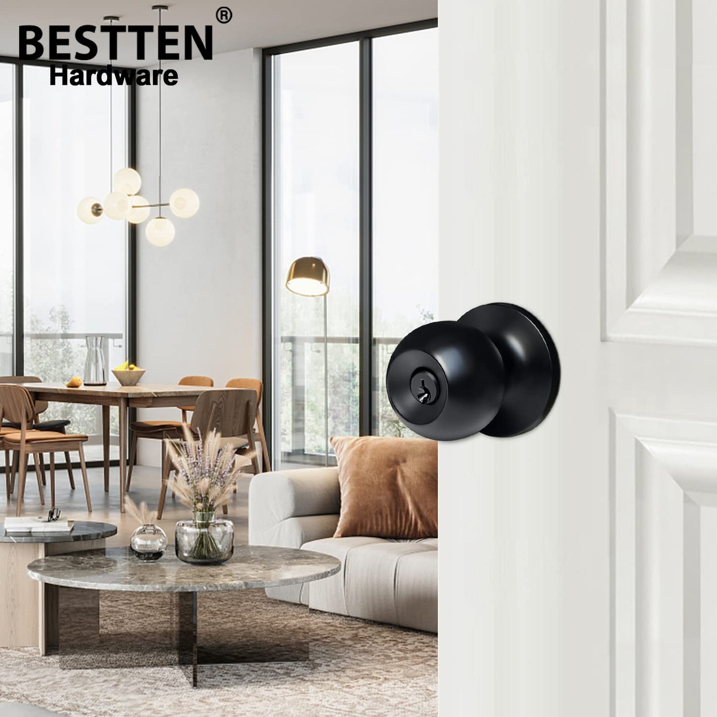 BESTTEN 4 Pack Door Knob with Lock and Key, Keyed Different Entry Door Knob, for Entrance and Front Door, Matte Black