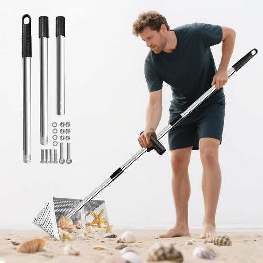 Sand Flea Rake for Beach - Detachable 47" Long Handle Sand Sifter Heavy Duty Stainless Steel Sand Scoop with 16" Width Basket Metal Detecting Tool with Anti Slip Handle for Collecting Shark Teeth