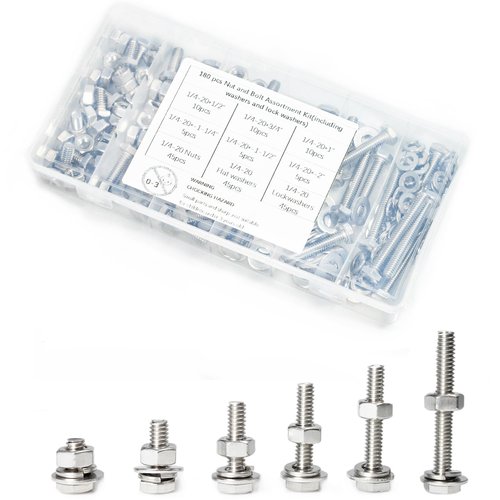 LUPANTER 180 pcs SAE Stainless Steel Nuts and Bolts Assortment Kit, Including 6 Sizes 1/4-20 Hex Bolts,Flat Washers, Lock Washers. Packaged by Plastic Box, Made by 304 Stainless Steel