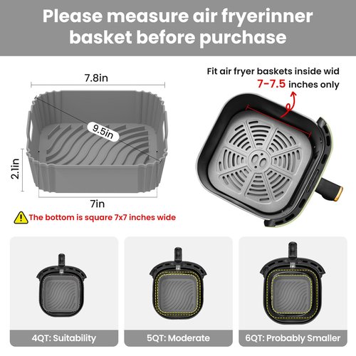 Redfly 2 Pack Silicone Air Fryer Liners, Square Reusable Non-Stick Basket Inserts for 4-5 QT Air Fryers, Dishwasher Safe Parchment Paper Replacement Accessories Gray & Black