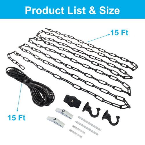 HARSKIYER Swag Light Kit with 15 Ft Chandelier Chain, 15 Ft Light Cord, Switch and 2 Swag Hooks, Black Hanging Lamp Kit for Pendant Light, Ceiling Light and Fan Light