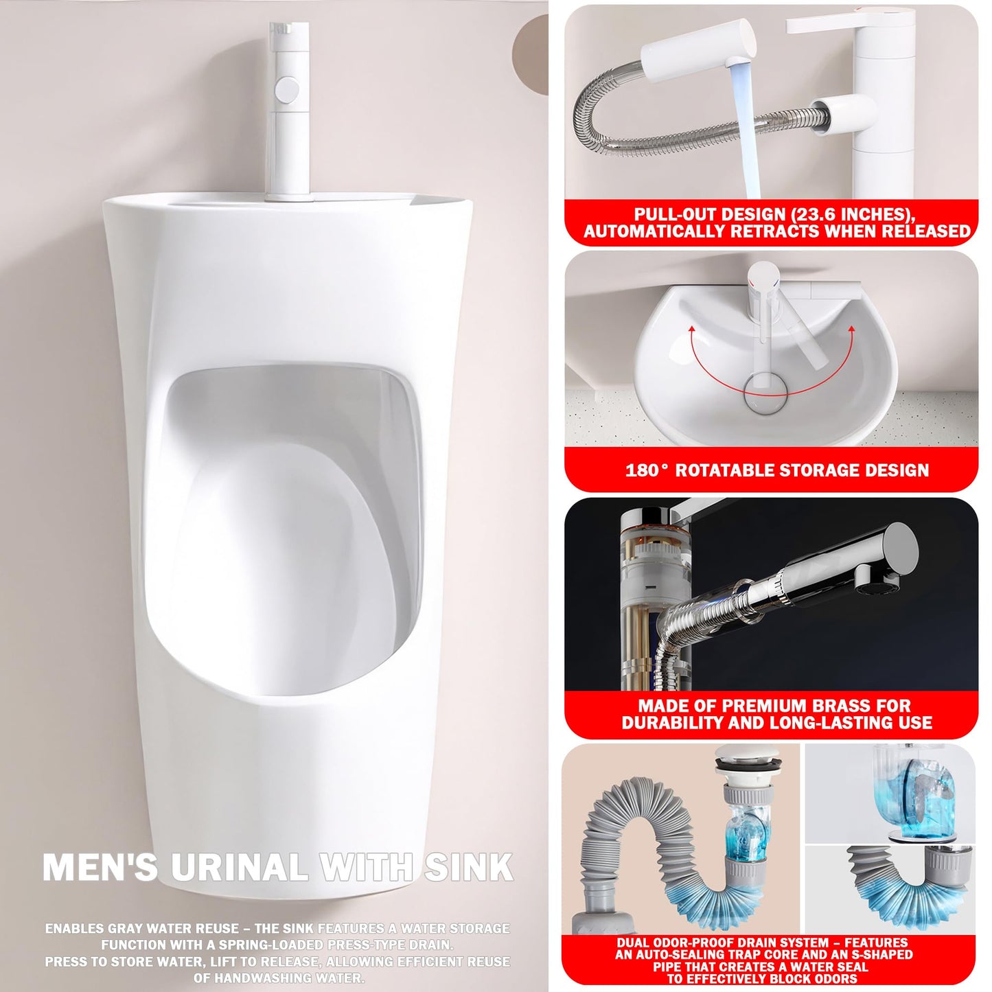 Runspich Modern Wall-Mounted Ceramic Urinal for Men with Built-in Sink, 2-in-1 Space Saving Design for Small Bathrooms & Restrooms, (White, Turn on the Tap to Flush)