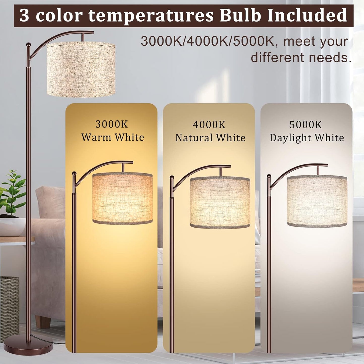 ROTTOGOON Floor Lamp for Living Room with 3 Color Temperatures LED Bulb, Standing Lamp Tall Industrial Floor Lamp Reading for Bedroom, Office (9W LED Bulb, Beige Lampshade Included) -Black