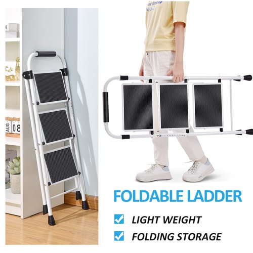 KINGRACK Step Ladder 3 Step Folding with with Anti-Slip and Wide Pedal,Portable Foldable,Tall Sturdy Step Ladder with Handgrip for Home Kitchen Household,White
