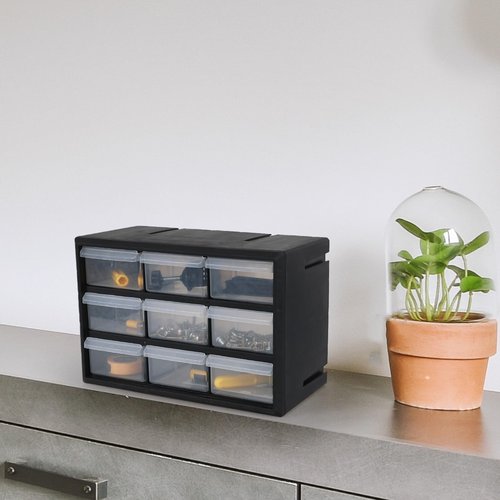 Leendines Hardware and Craft Drawer Cabinet, 9 Drawer Plastic Parts Storage Cabinet, Black