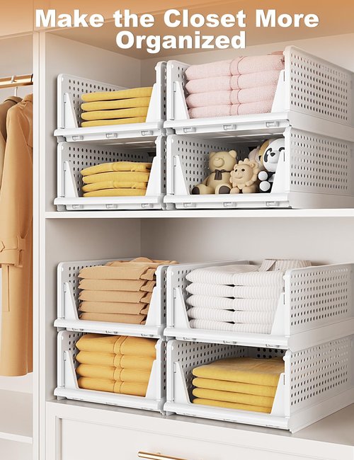 5 Pack Closet Organizer System, Stackable Plastic Clothes Storage Basket, Stackable, Foldable Organizers for Wardrobe Clothes Organizer Suitable for Bedrooms Bathrooms Kitchen Living Rooms Office Dorm