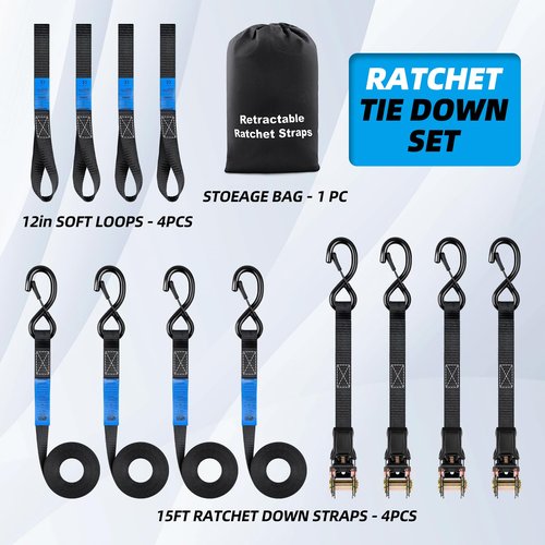 Heavy Duty Ratchet Straps 15 Ft Length 1800 Lbs Safe Working Load, 4-Pack with S-Hooks and Soft Loops