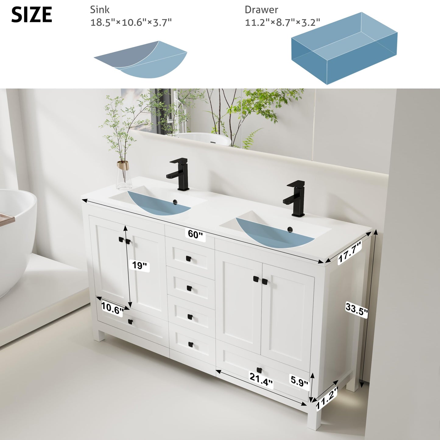 eclife 60" Bathroom Vanities with Sink Combo, Modern Thickened Wood Bathroom Storage Cabinet w/Undermount White Double Sink, Matte Black Faucet Drain, White