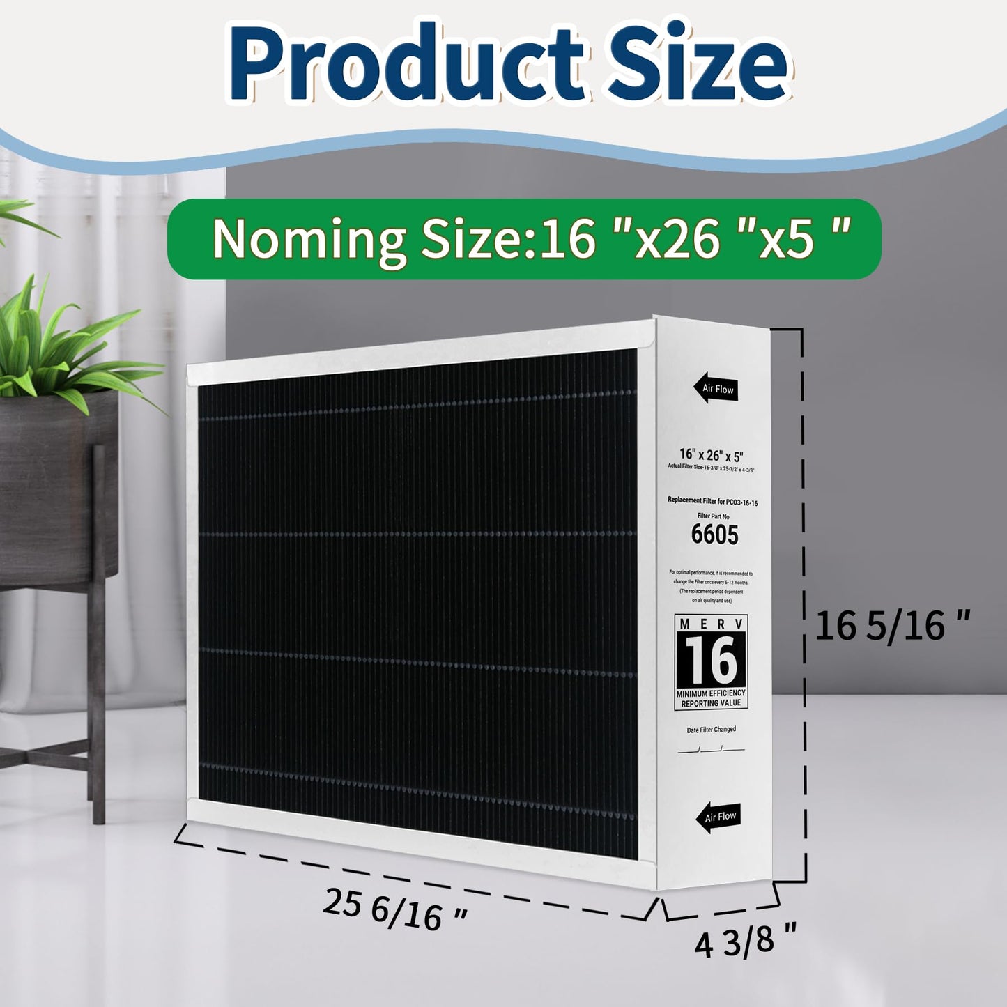 2 Pack 16x26x5 MERV 16 Replacement Filter,Replacement for Lennox 6605 Air Filter and Compatible with PureAir PCO3-16-16 Air Purifier