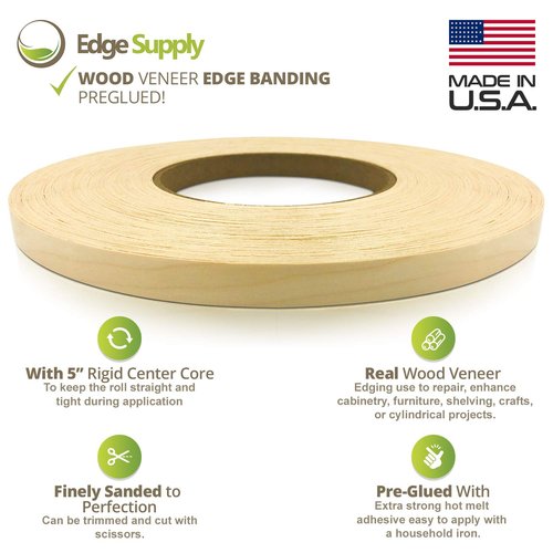 Edge Supply Birch 3/4” X 250' Roll of Plywood Edge Banding – Pre-glued Real Wood Veneer Edging – Flexible Veneer Edging – Easy Application Iron-on Edge Banding for Furniture Restoration