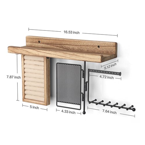 SOLIMINTR Hanging Jewelry Organizer Wall Mount with Rustic Wood Shelf, Ring Display Box, Ear Studs Earring Holder, Rotating Necklace Holder Organizer
