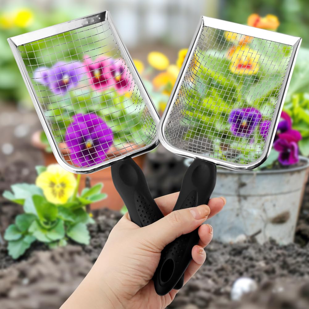 Soil Sifter for Gardening, 2 Pack Stainless Steel Garden Sifter for Soil, Compost, Dirt, Sand, Portable Rock Sifter & Shovel with 3.8mm/5.0mm Mesh & Ergonomic Handle for Gardening