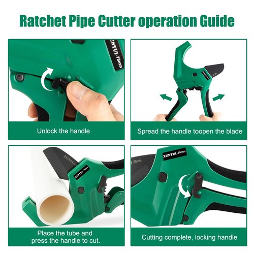 XUNTUI Ratcheting PVC Pipe Cutter- for up to 3-inch OD(Sch 40/80 Pipe) | SKD5 Steel Blade | Professional Plumbing Tool for DIY, Gardening，Plumber(Dark Green, OD3‘’75MM)