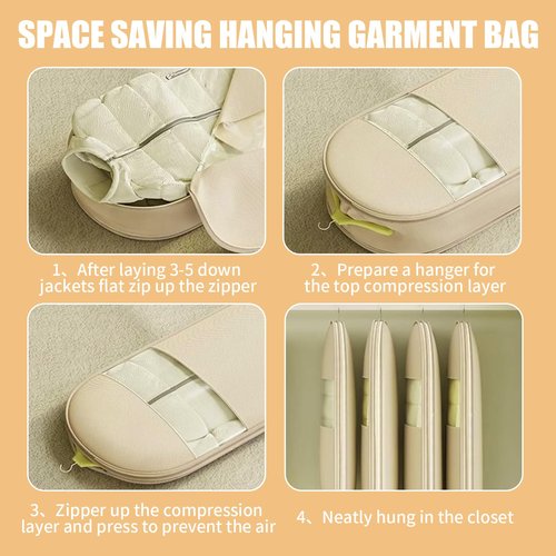 2Pcs Space Saving Hanging Garment Bag with Self Compression Zipper, Dustproof Clothes Storage Cover with Clear Window for Down Coats, Suits, Jackets, Closet Organizer (Beige, 52"x23"x6")