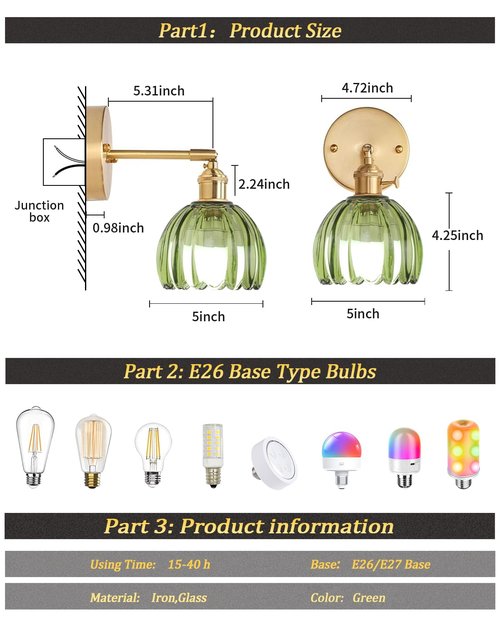 Shenmoyl Vintage Battery Operated Wall Sconce with Green Tulip Glass Lampshade Wireless Rechargeable Battery Powered Wall Light with Remote Control for Bedside Bedroom Doorway, Set of 2