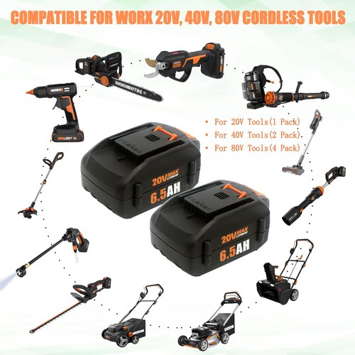 New Upgraded 2Pack 6.5Ah 20V Battery Compatible for Worx Battery 20V PowerShare WA3674 WA3678 WA3669 WA3575 WA3525 WA3520 WA3577 WA3578 WG151s WG155s WG251s