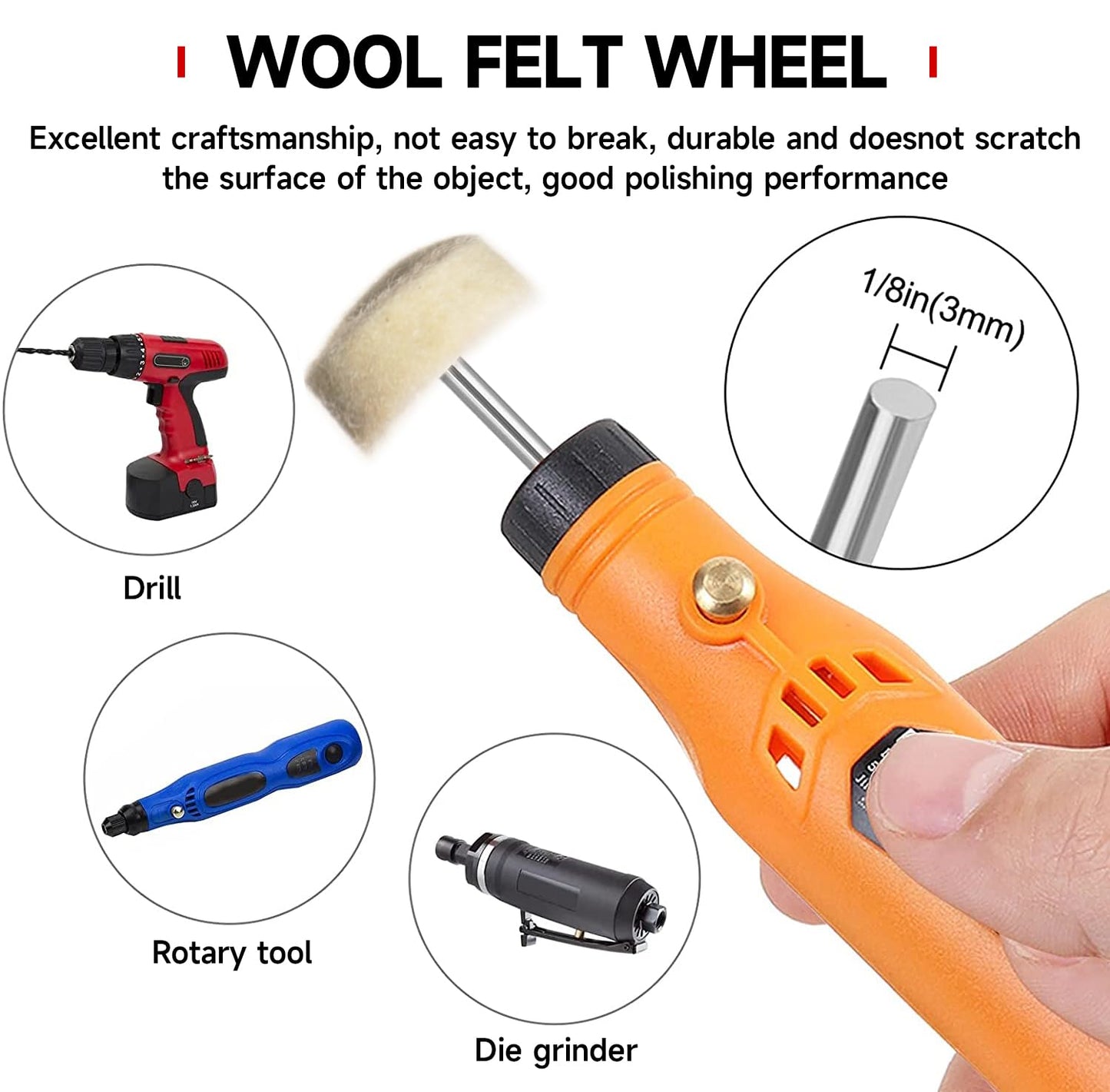 Shineboc 50 PCS 1 Inch Wool Felt Polishing Accessory Kits, 25 Each Spherical/Flat Buffing Wheels for Proxxon Dremel Rotary Tool - 1/8" Shank, Ideal for Wood Metal Jewelry and Glass Polishing