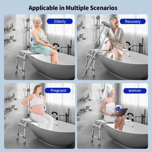 Heavy Duty Bath and Shower Bench with Adjustable Height and Reversible backrest - Handicap Shower Chair for Elderly and Disabled, Sliding Shower Chair, Bathtub Chair for Inside tub
