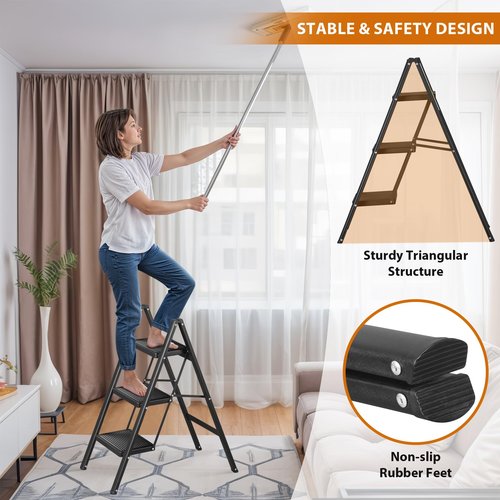 ZENY 3 Step Ladder, Folding Step Stool with Wide Anti-Slip Pedal, Portable Sturdy Steel Ladder for Adults, Lightweight