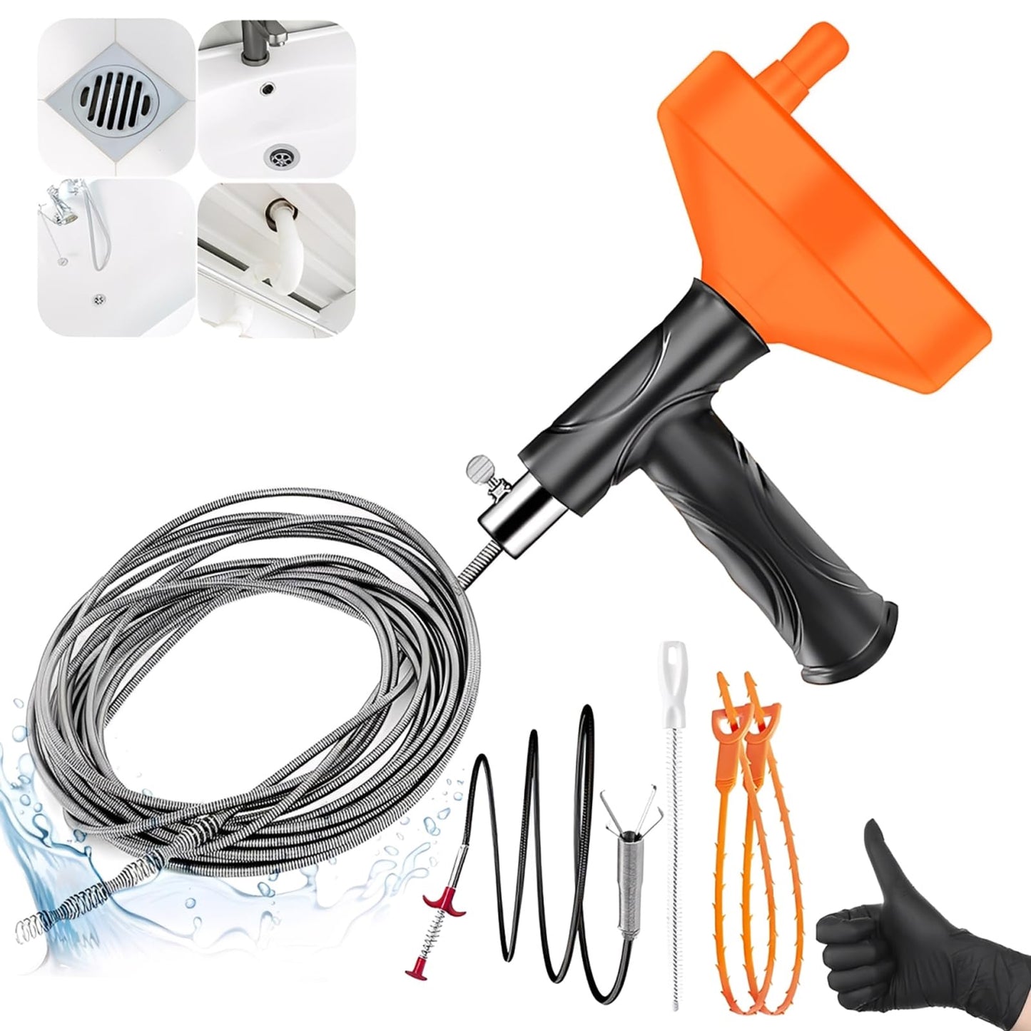 33 Feet Drain Snake Auger, Plumbing Snake Drain Hair Clog Removal Tool, Sink Unclogger Drain, Heavy Duty Drum Auger, Cleaner Tool for Bathroom Kitchen Tub Shower Drain Clog Remover with Gloves，Orange