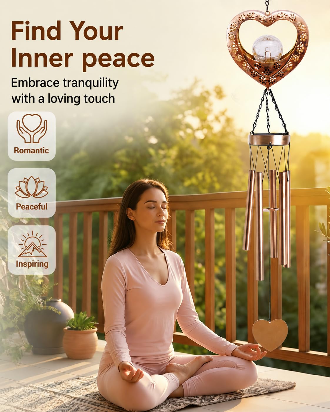 Nacome Solar Heart Wind Chimes for Outside: Weatherproof Metal Outdoor Decor Easy Hanging for Garden Patio Tree Window - Melodious Mother's Day Birthday Gifts for Mom Women Mom Grandma Her Wife