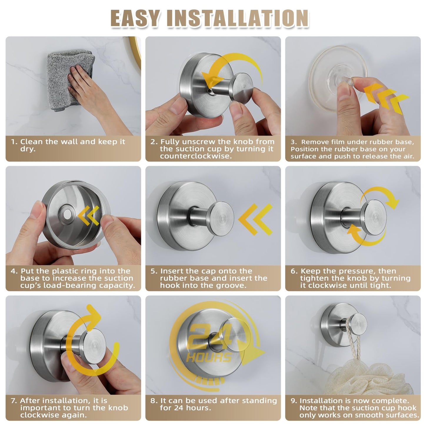 Fenas Suction Cup Hooks for Shower No-Drill Bathroom Hooks for Towels, Robes, Loofah Mountable on Bathroom Walls, Kitchen, Glass, Mirrors, Tile and Smooth,Non-Porous Surfaces (2, Brushed Nickel)