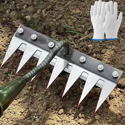 Gardeania Iron Weeding Rake,Multi-Tine Carbon Steel Garden Cultivator Rake 5/6/7/8 Teeth,Sod Cutter Uprooting Tool (5Teeth)