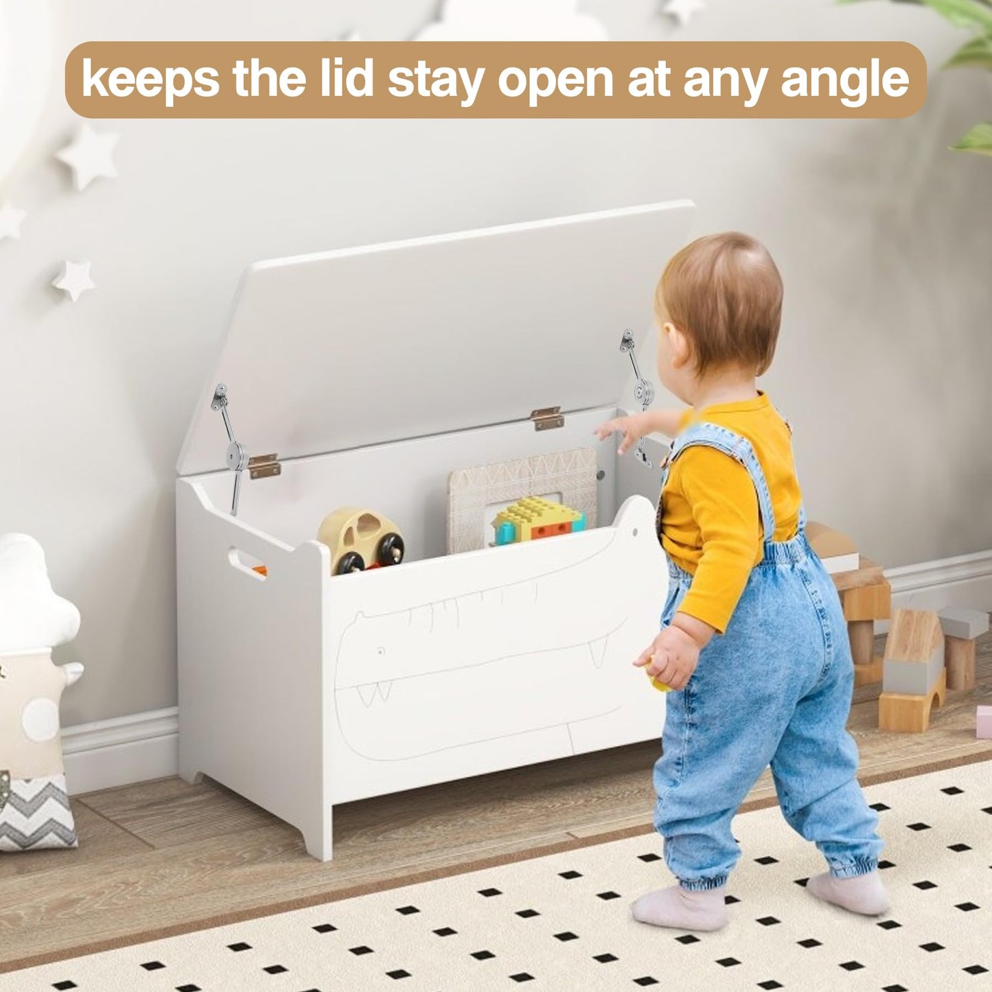 2 Pack | Soft Close Hinges for Wooden Toy Box - HBL' Lid Stay Hinges for Chest & Cedar Storage Box, Zinc Alloy, Adjustable Tension for Safe & Smooth Soft Closing.