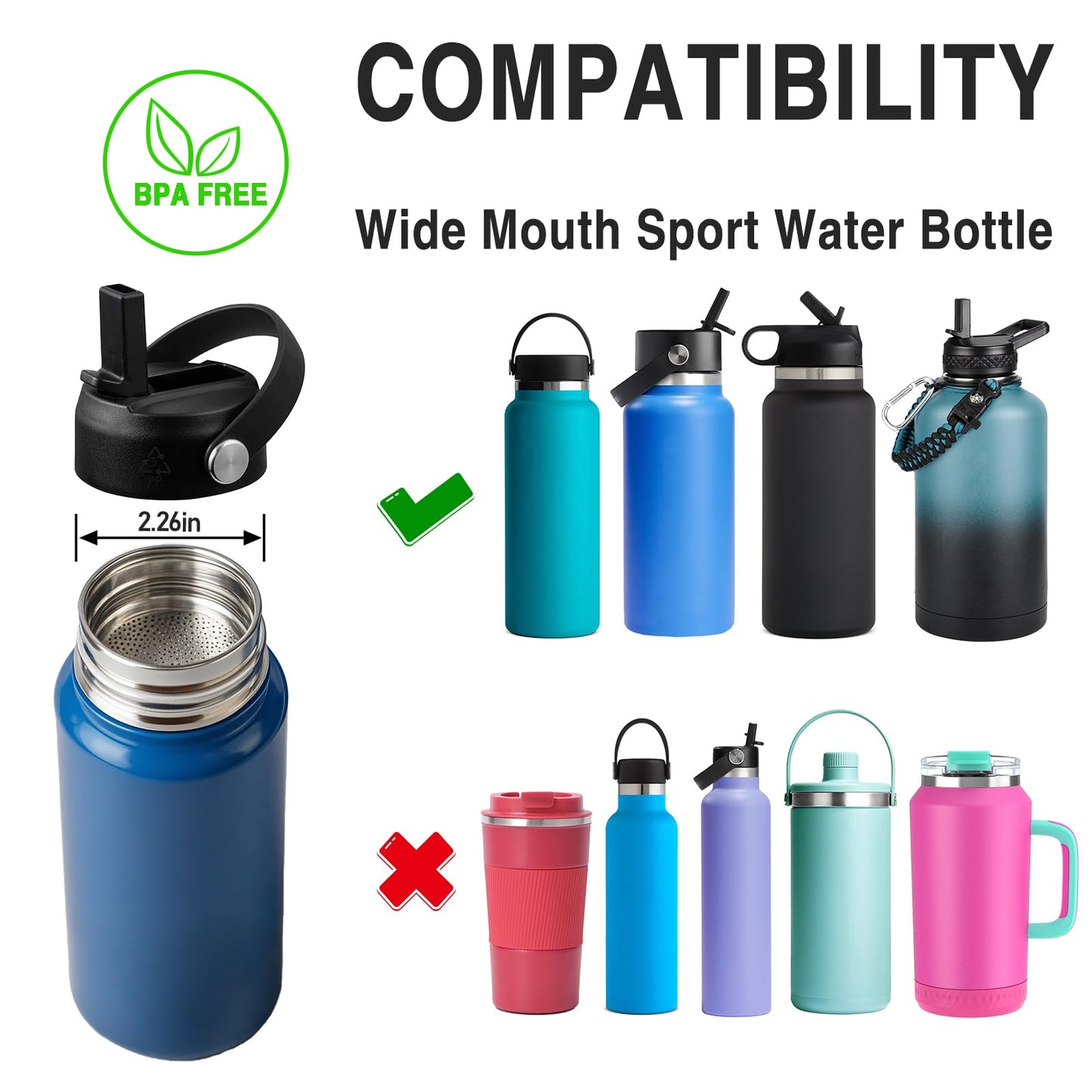 LLCJYYCY Lids with Straw for Hydroflask Wide Mouth 20 32 40 oz, Flex Straw Lid Fit for Hydro Flask Sports Water Bottles, Flexible Handle Replacement Lid Straws Cap Top Accessories (2 PCS Light Blue)