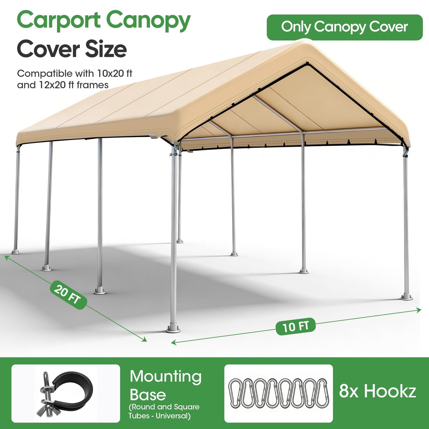 SIHAIAN 10 x 20 Ft Carport Replacement Canopy Cover(No Frame), Easy to Set up Carport Canopy, 500D Heavy-Duty Garage Top Tent Shelter Tarp Waterproof and UV Protected (Only Canopy Cover) Beige