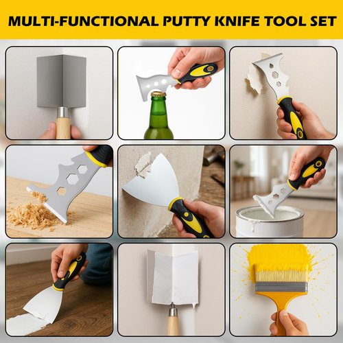 18 pcs Putty Knife Set,Drywall Knife,Espatulas Drywall Kit With Mud Pan,1” 2” 3” 4” 5” 6” Spackle Knife,7” 10” 14” Taping Knives,External Corner Trowel & Internal Corner Trowel,5 Brushes And Gloves