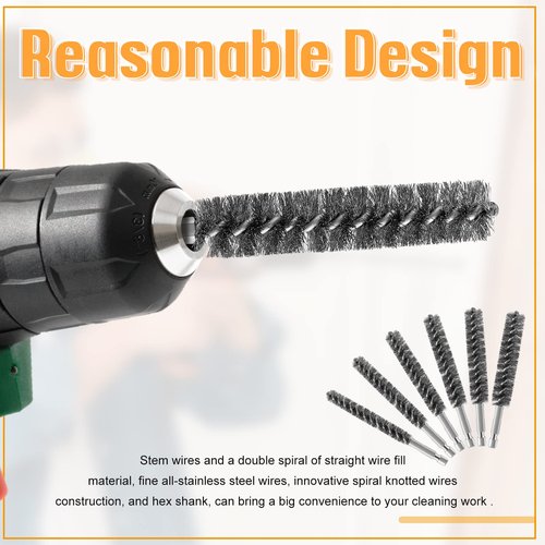 Stainless Steel Bore Brush Stainless Steel Bristles Wire Brush for Power Drill with Hex Shank Handle (0.8 cm, 1 cm, 1.2 cm, 1.5 cm, 1.7 cm, 1.9 cm, 6 Pcs)