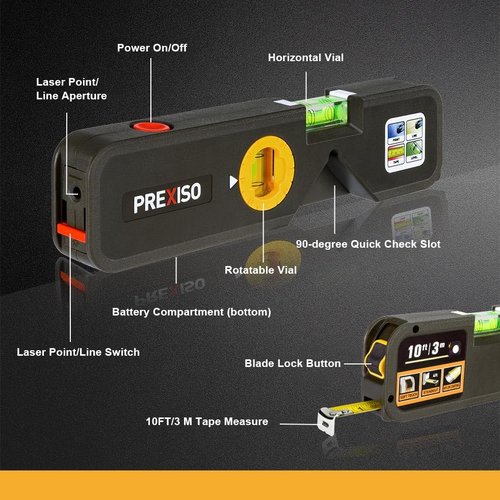 PREXISO 4-in-1 Line Laser Level Multipurpose Torpedo Level, 65Ft Alignment Point & 16Ft Laser Line & 10Ft Measure Tape Ruler & Quick Angle Setting for Hanging Picture Wall Marking Home Renovation