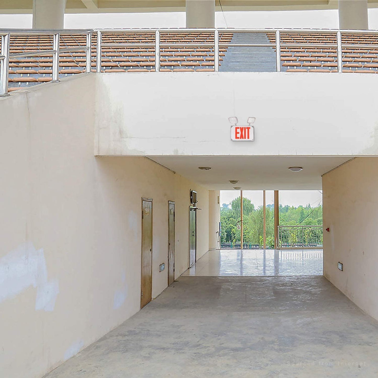 LEONLITE LED Exit Light, Wet Location Exit Sign with Emergency Lights, UL Listed, Outdoor Hardwired Exit with Battery Backup, 2 Dual Heads, Double Face, AC 120/277V, Red