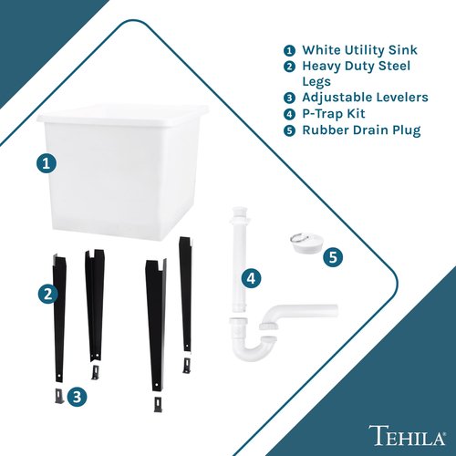 White Space Saver Utility Sink by JS Jackson Supplies, Freestanding Tehila Space Saving Laundry Tub, Black Metal Legs with P-Trap Kit