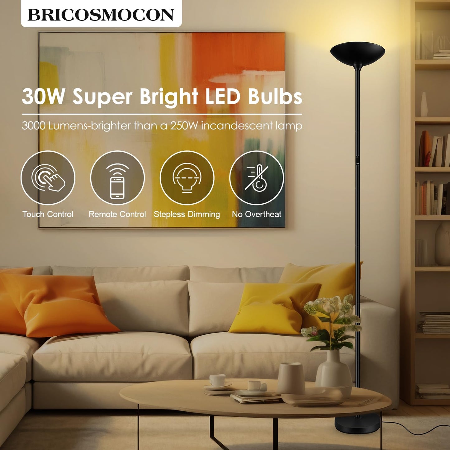 Bricosmocon Stepless Dimmable Floor Lamp,30W 3000LM Super Bright LED Torchiere Floor Lamps with Remote & Touch Control,71 in Tall Modern Standing Lamp for Living Room Bedroom Office,2700k-6500k,Black
