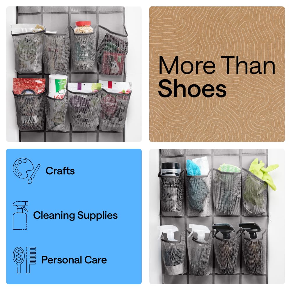 GORILLA GRIP Over the Door Shoe Organizer, 24 Large Breathable Mesh Pockets, Space Saving Hanging Storage Holder, Closet Rack Hanger Holds Up to 40 lbs, Hangs on Closets for Shoes, Accessories, Grey