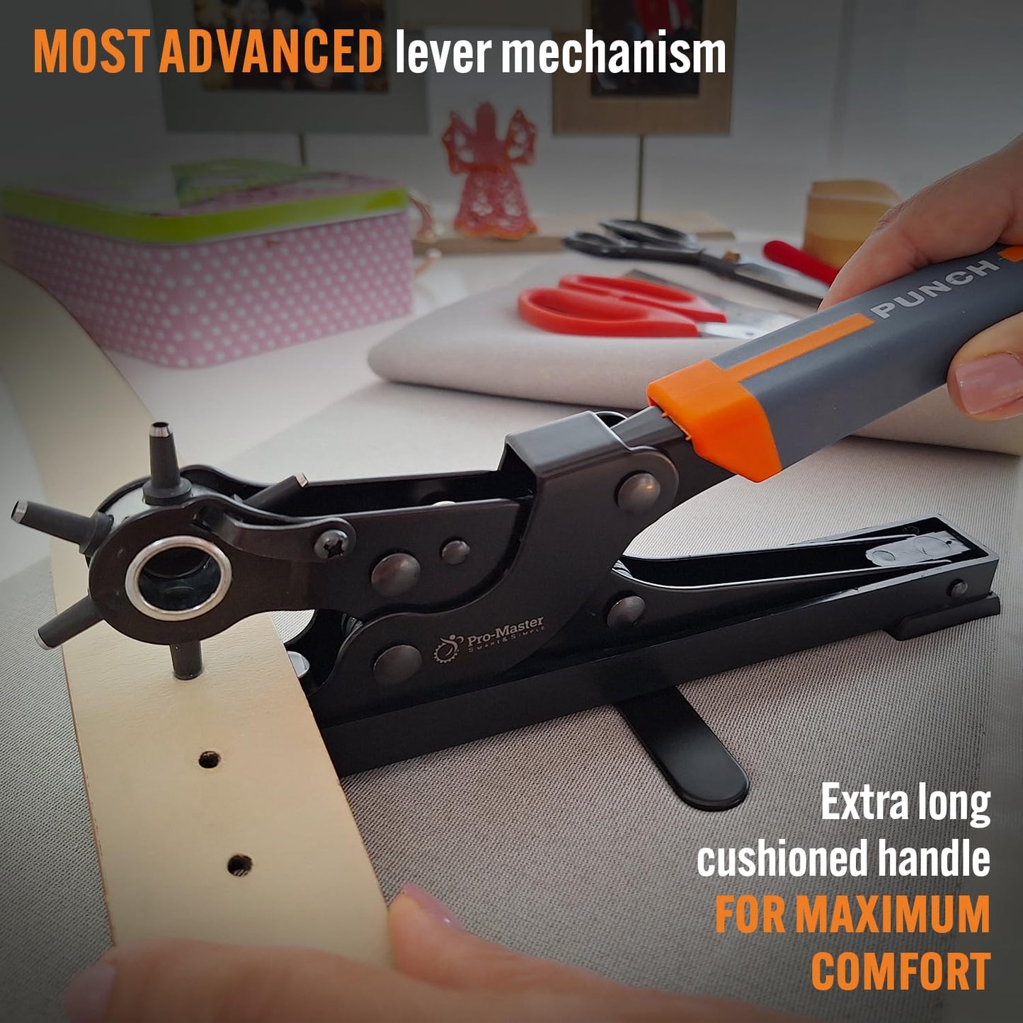 Pro-Master Desktop Leather Hole Puncher - Belt Hole Puncher for Leather with Tabletop Base - One Hand Use, Heavy Duty Carbon Steel, 6 Rotary Sizes 2-4.5mm for Watch Band, Shoes, Bag Strap & Crafts