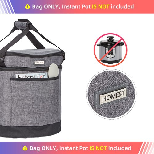HOMEST 2 Compartments Carry Bag for 8 Quart Instant Pot, Pressure Cooker Travel Tote Have Accessory Pockets for Spoon, Measuring Cup, Steam Rack, Insulated Carrier with Easy to Clean Lining, Grey