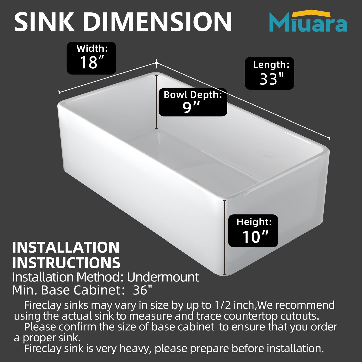 ﻿Miuara Farmhouse Sink 33 Inch - Apron Front Kitchen Sink Reversible 33"x18"x10", Undermount Installation, Farm House Style Single Bowl, Solid Fireclay, Glossy White, for Kitchen