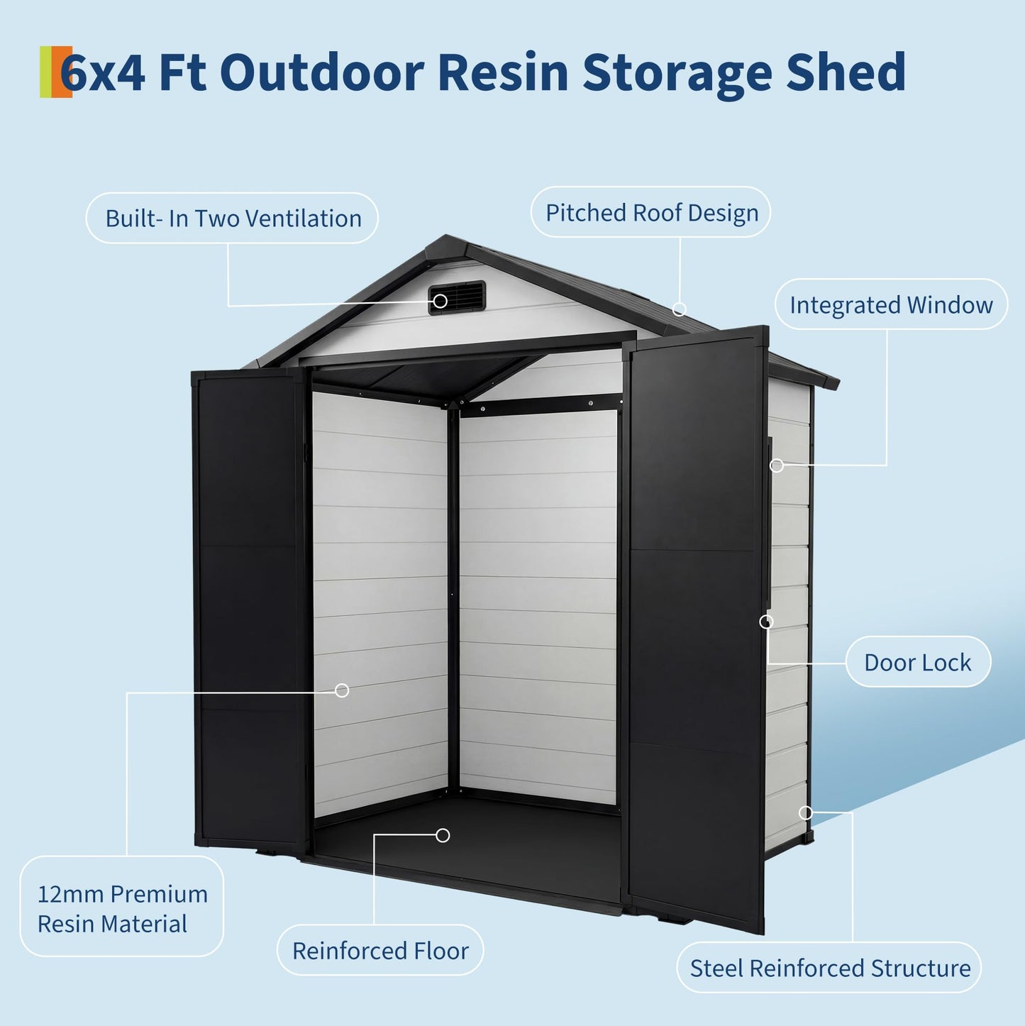 Garvee 6x4 FT Outdoor Storage Shed with Floor, Plastic Resin Garden Shed with Window & Sloping Roof & Lockable Door for Patio Backyard Garden, Lawn Mower, Bike, Tool Storage