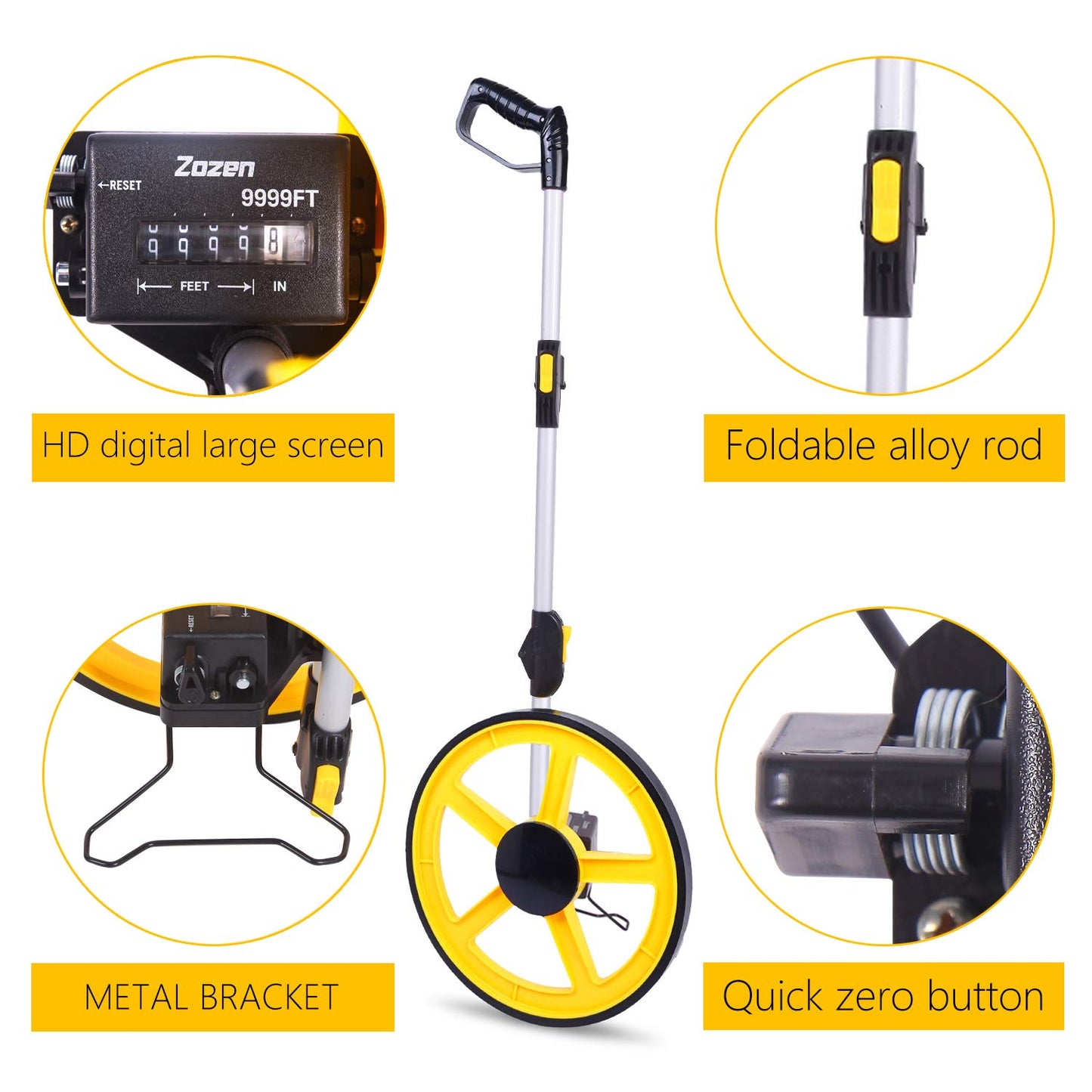 Zozen Measuring Wheel, Folding Portable Distance Measuring in Feet, Double Collapsible | One Key to Reset/Kickstand to Keep Stand/Starting Point Arrow and Cloth Carrying Bag, [0-9,999 Ft].