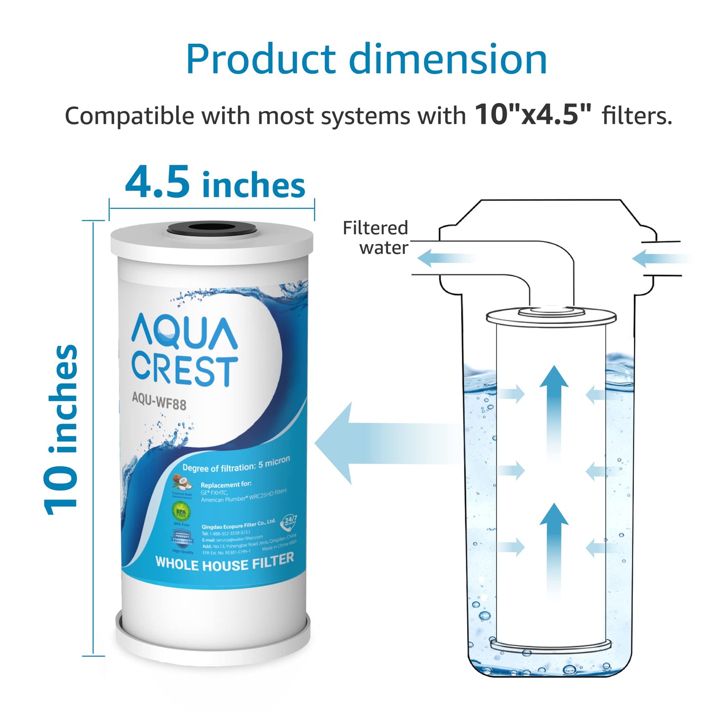 AQUA CREST FXHTC Whole House Water Filter, Well Water Filter Replacement for GE® FXHTC, GXWH40L, American Plumber W10-PR, Culligan® RFC-BBSA, W10-BC, Carbon Filters, 5 Micron, Pack of 3
