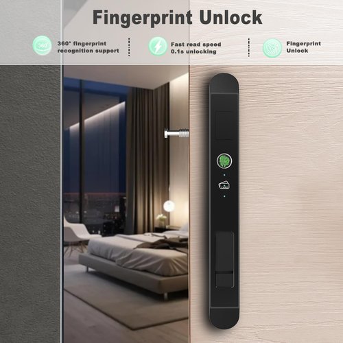 WINFREE Smart Lock for Sliding Doors & Windows | 4-in-1 Entry: Fingerprint, App, Card, Key | Rechargeable Battery | Extreme Temp Resistant (-20℃~60℃) | Works with Tuya/Smart Life
